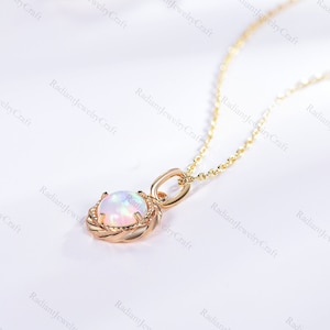 14K Gold Opal Necklace: Round Fire Opal Pendant, October Birthstone