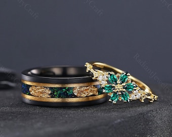 Emerald & Gold Leaf Couple Rings: Sterling Silver, Tungsten Carbide Wedding Bands