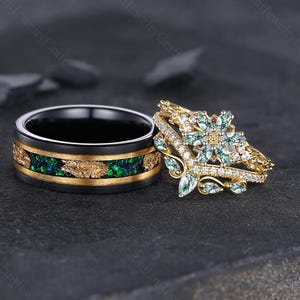 Moss Agate Floral Ring Set: Sterling Silver & Tungsten Wedding Bands