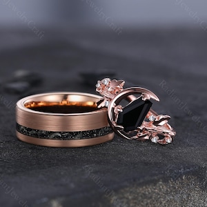 Set di anelli per coppie vintage in onice nero e oro rosa: fedi nuziali in tungsteno