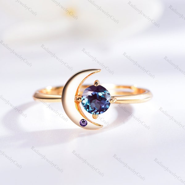 Nature Inspired Color Change Alexandrite Amethyst Engagement Ring Moon Star Design Round Alexandrite Ring Branch Leaf Amethyst Wedding Ring
