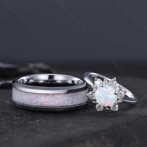 Opal Couple Rings Set: Sterling Silver Flower Ring & Tungsten Wedding Band