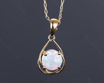 Dainty White Opal Necklace: 14K Gold Round Solitaire Pendant