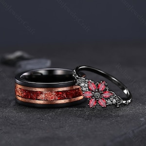Garnet-ringset voor koppels: sterlingzilver en wolfraam trouwringen