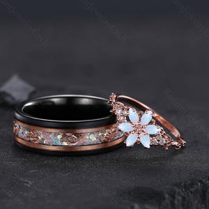His and Hers White Fire Opal Ring Set Matching Opal Ring Silver Ring Set Brushed Tungsten Couples Ring Unique Couple Opal Engagement Rings