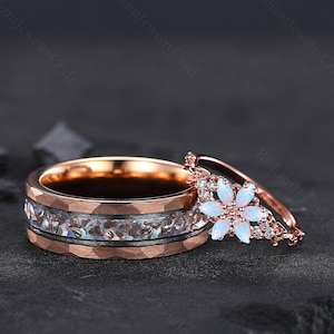 White Opal Couple Rings: Vintage Floral Sterling Silver Wedding Band Set