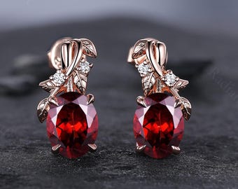 14K Rose Gold Garnet Earrings: Antique Vine Leaf Design