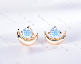 Rainbow Moonstone Crescent Earrings: Sterling Silver Studs