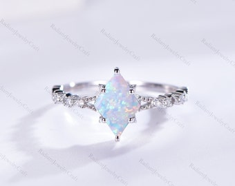 Kite Cut Lab Opal Engagement Ring: 14k White Gold Diamond Accent Anniversary Ring,Anniversary Gifts ,Bridal Promise Ring,Handmade Rings Her
