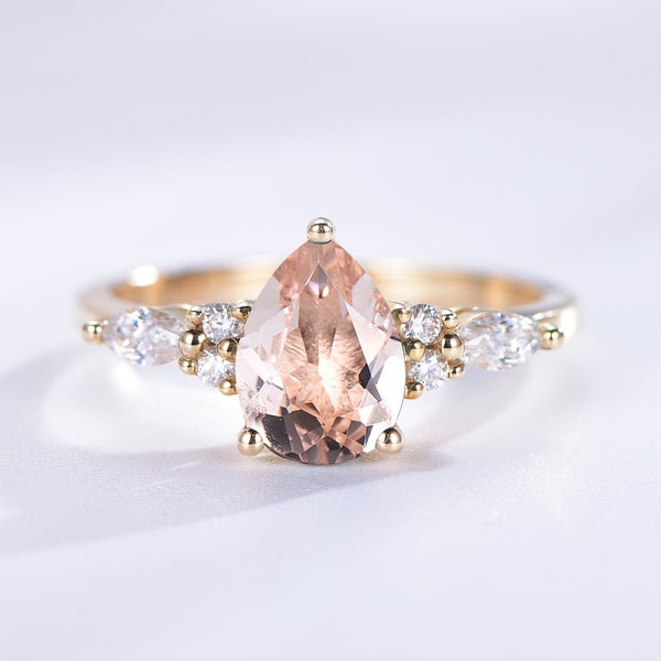 Teardrop Morganite Ring- 14K Rose Gold Vermeil Peachy Pink Morganite Gemstone Engagement Ring For Women- Anniversary Birthday Gift For Her