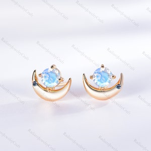 Rainbow Moonstone Studs Rainbow Moonstone Earrings Crescent Moon Earrings June Birthstone Tiny Moonstone Alexandrite Crescent Post Earrings