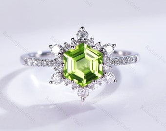 Snowflake Peridot Ring Vintage Hexagon Cut Peridot Engagement Ring White Gold Ring August Birthstone Ring Anniversary Ring for Women Silver