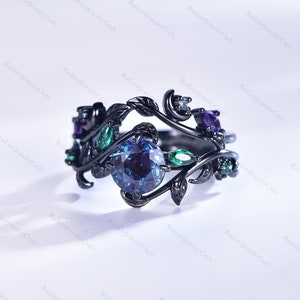 Vintage Round Alexandrite Engagement Ring Set,Black Gold,Amethyst Emerald Ring,Women Bridal Set,Unique Twig Anniversary Promise Ring Gift