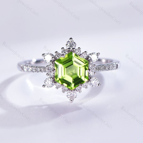 Snowflake Peridot Ring Vintage Hexagon Cut Peridot Engagement Ring White Gold Ring August Birthstone Ring Anniversary Ring for Women Silver