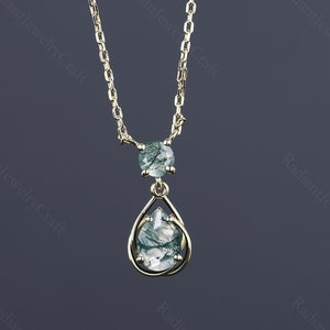 Pear cut moss agate pendant necklace vintage 14k yellow gold pendant necklace Women Bridal promise birthday necklace Handmade agate necklace