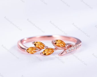 Alianza de boda con hoja de citrino: diamante marquesa, anillo de aniversario de oro rosa de 14 quilates