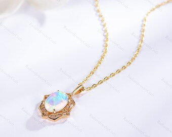 14k Gold Opal Necklace: Sterling Silver Pendant, October Birthstone