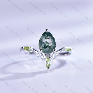 Pear Moss Agate Engagement Ring: Rose Gold Art Deco Bridal Jewelry