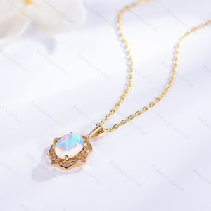 14k Solid Gold Opal Necklace, Sterling Silver 925 Opal Necklace, Oval Opal Necklace, 14k Gold White Fire Opal Necklace, Gift for Mom Gift