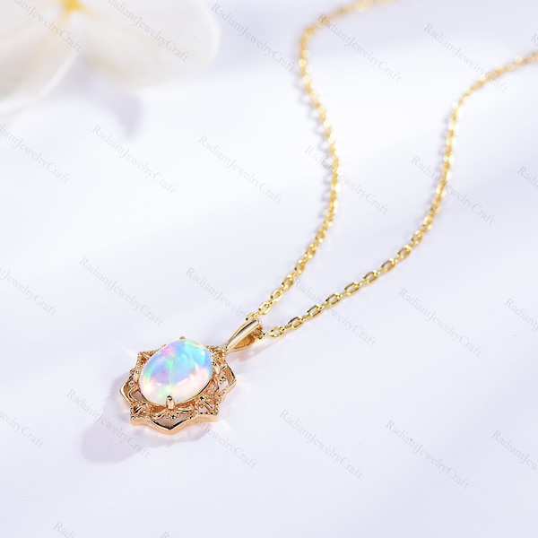 14k Solid Gold Opal Necklace, Sterling Silver 925 Opal Necklace, Oval Opal Necklace, 14k Gold White Fire Opal Necklace, Gift for Mom Gift