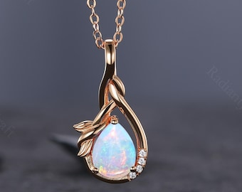 Dainty White Opal Necklace: 1CT Pear Opal, Simulated Diamond, Gold Pendant