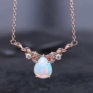 Pear Shaped White Opal Necklace Vintage Rose gold Art deco Leaf Opal Necklace Pendant for Women Handmade Anniversary Bridal Jewel Women Gift
