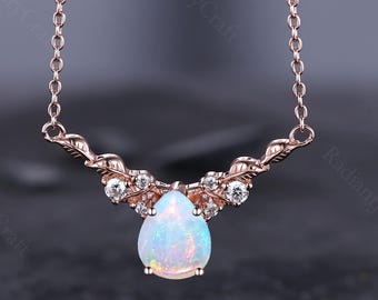 9ct Rose Gold GF White Fire Opal Teardrop Pendant With Chain Necklace - Gift Boxed