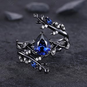 Pear Blue Sapphire Engagement Ring: 14K Black Gold Twig Leaf Floral Diamond Bridal Ring