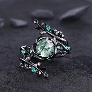 Black Gold Art Deco Moss Agate Engagement Ring Sets Gothic Rose Floral Bridal Sets Leaf Ring Promise Ring Nature Inspired Twig Vine Ring Set