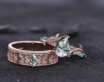 Personalized Rose Gold Green Moss Agate Couples Ring Set, Nature