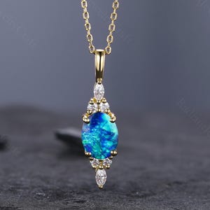 Cluster Blue Fire Opal Necklace, Vintage Opal Necklace, 6X8mm Opal Pendant, October Birthstone Necklace, Women Handmade Opal Gold Necklace
