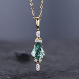 Kite Moss Agate Necklace: 14K Rose Gold Art Deco Pendant