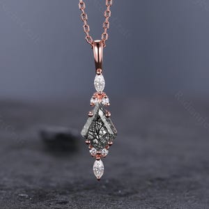 Kite Black Rutilated Quartz Necklace Solid 14K 18K Rose Gold Vintage Unique Personalized Pendant Women Necklace Her Anniversary Bridal Gift
