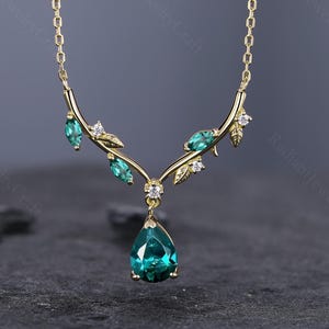 Emerald Pear Cut Necklace: Vintage Yellow Gold Twig Pendant