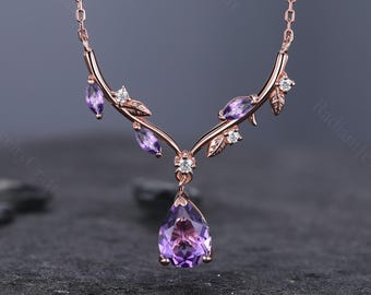 Teardrop Amethyst Necklace Vintage 14K Rose Gold Twig Natural Inspired Amethyst Necklace Art Deco Marquise Amethyst Pendant Anniversary Gift