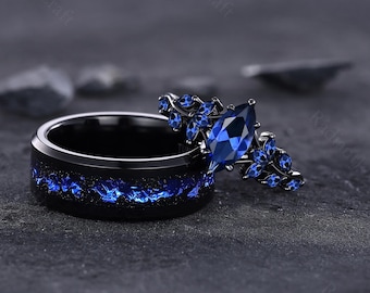Anillo de pareja de zafiro, alianza para él y para ella, anillo de zafiro con piedra de nacimiento de septiembre, anillo espacial, tungsteno chapado en oro negro.