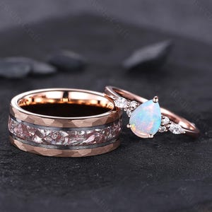 Pear Opal Wedding Ring Set: Sterling Silver & Tungsten Carbide