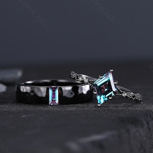 Custom Alexandrite Couple Rings: Gothic Black Silver Wedding Band Set
