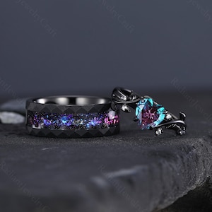 Heart Alexandrite Couple Ring Set: Galaxy Meteorite Tungsten Wedding Bands