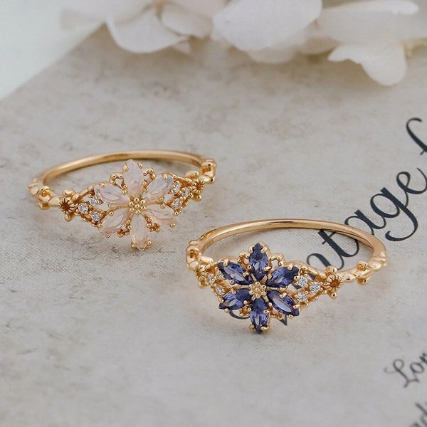 Vintage Tanzanite Flower Ring: Dainty Gold Floral Jewelry