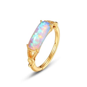 4x11 MM Baguette Schnitt Natur Weiß Feueropal Ring, Rechteck Farbwechsel Solid 14K Goldring, Oktober Birthstone Ring, Versprechen Ring Geschenk für sie