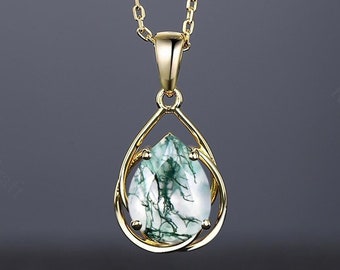 Pear Cut Moss Agate Necklace: 14k Gold, Sterling Silver Pendant