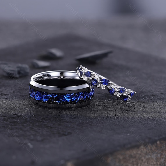 Blue Sapphire Couple Ring Set, White Gold & Tungsten Wedding Band