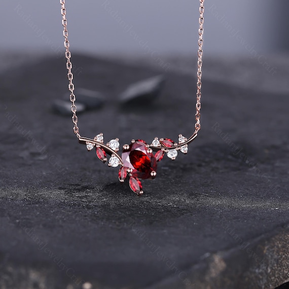 Garnet Pendant Necklace, 14K Rose Gold Natural Garnet