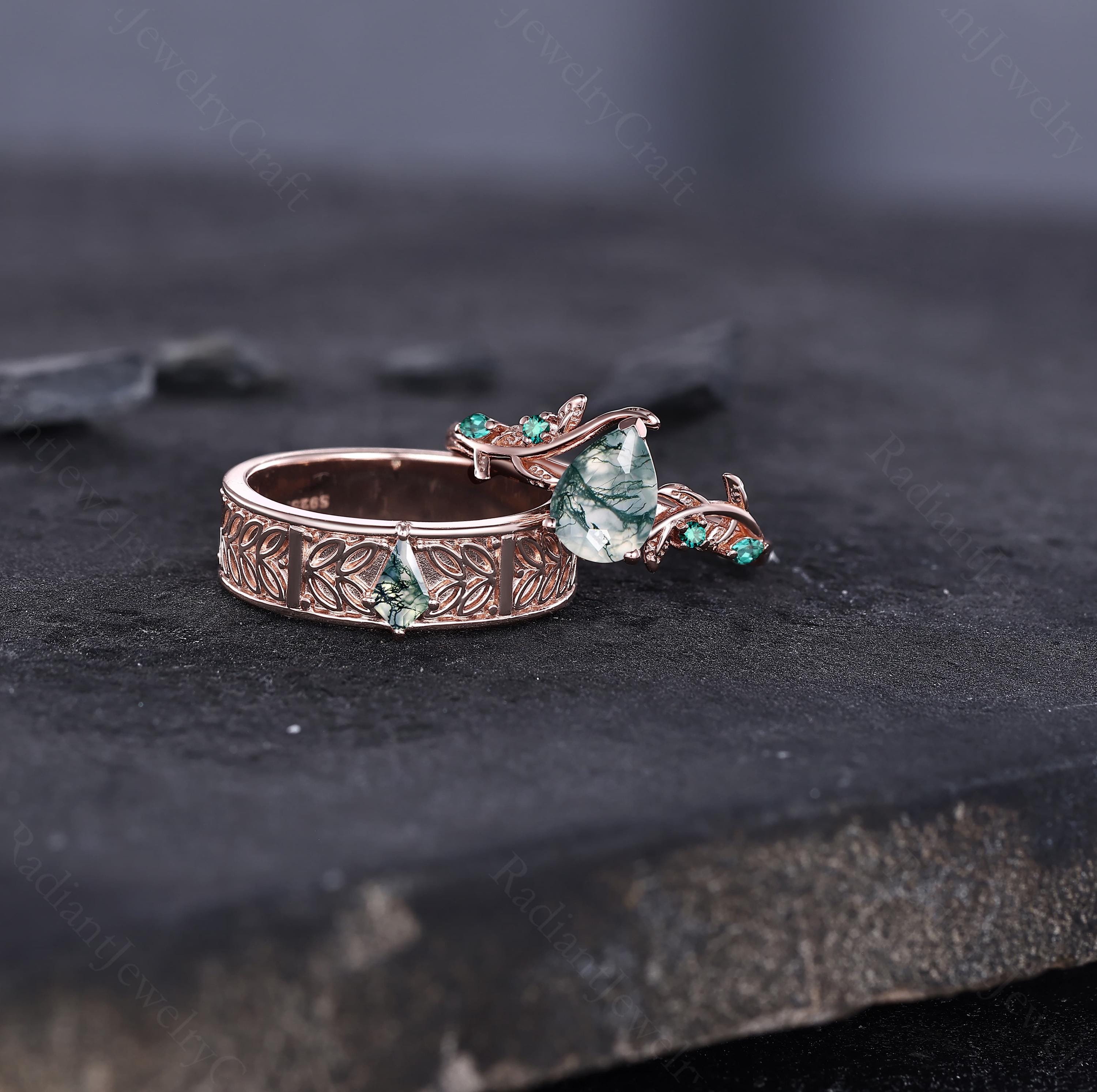 Personalized Rose Gold Green Moss Agate Couples Ring Set, Nature