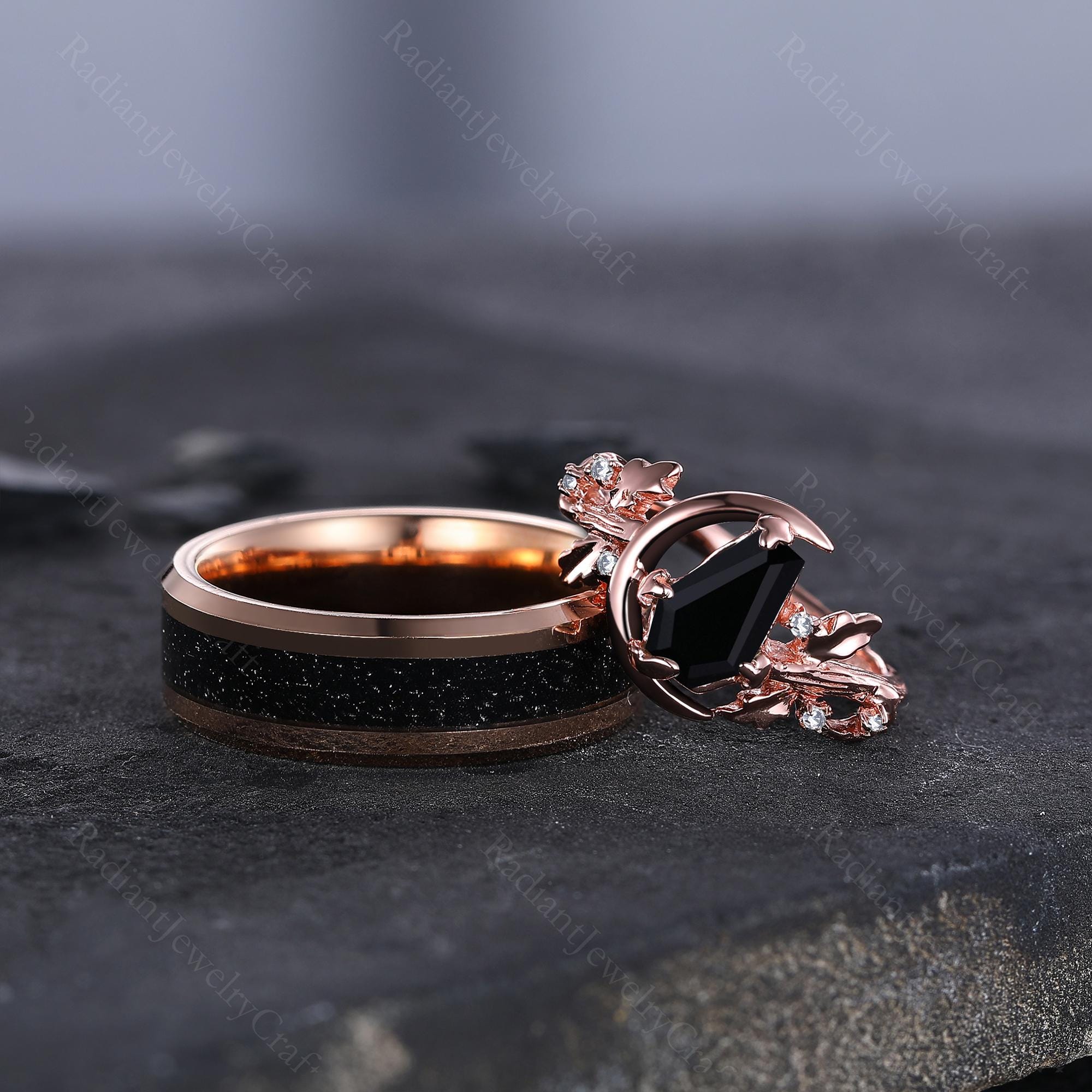Black Onyx Rose Gold Couple Ring Set: Tungsten Wedding Bands - Etsy