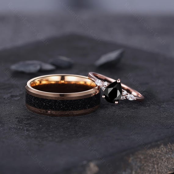 Black Onyx Pear Cut Ring Set, Tungsten & Gold Plated Silver