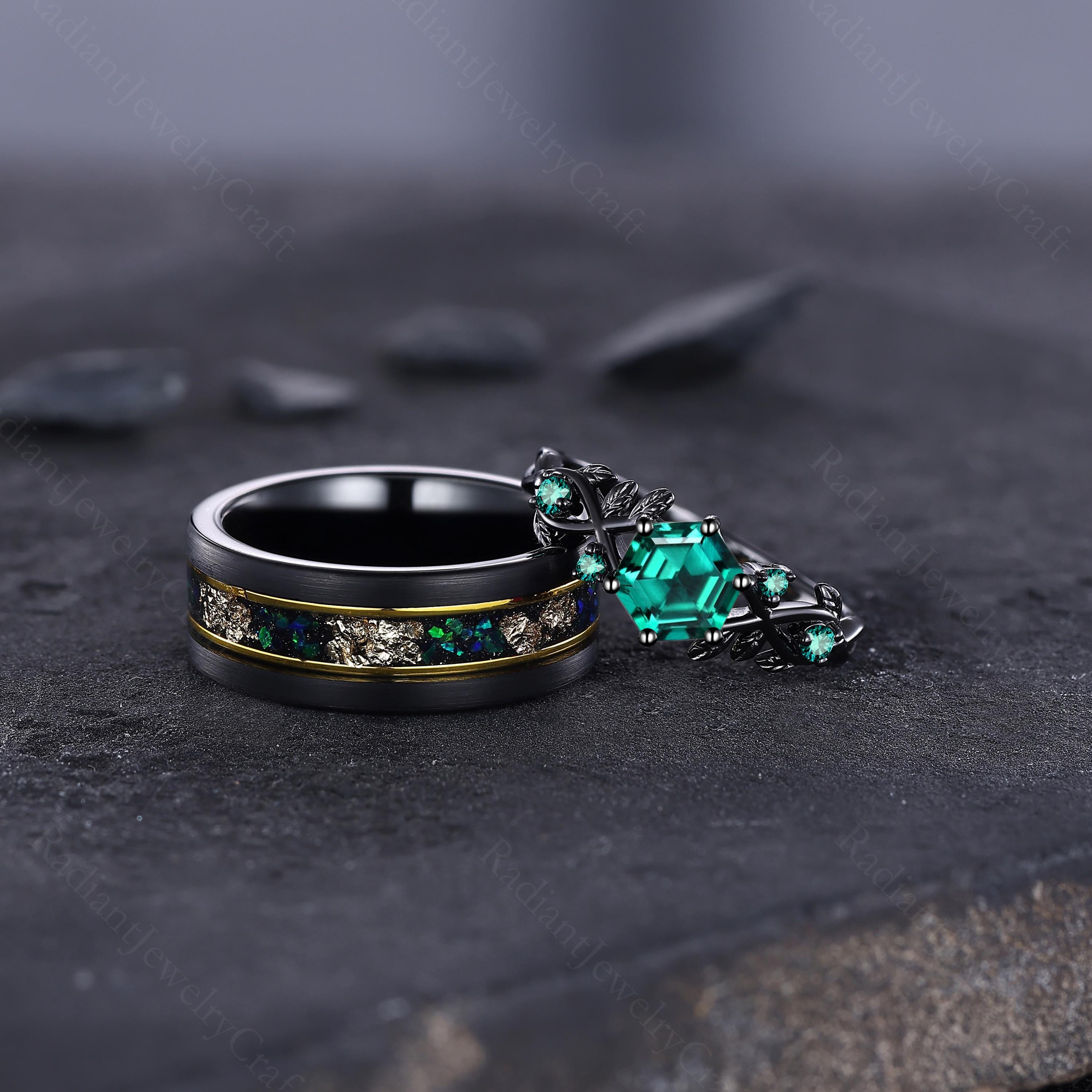 Green Emerald Gold Leaf Couples Ring Set, His and Hers Wedding
