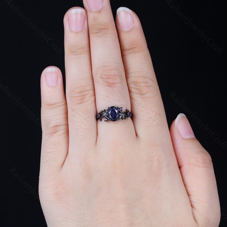 Blue Sand Stone Oval With Tree Branch Band Nature Inspired Twisted Leaf