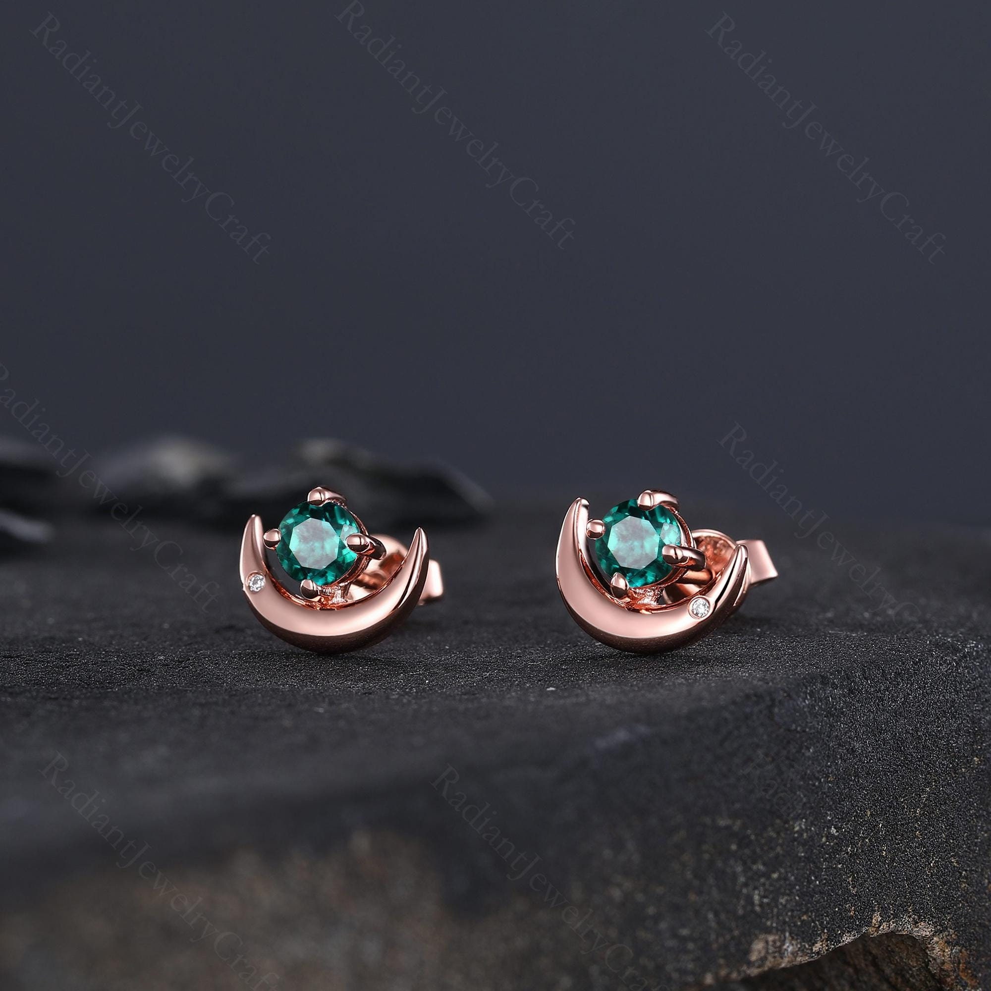 Emerald Moon Stud Earrings: Rose Gold Retro Green Stone - Etsy